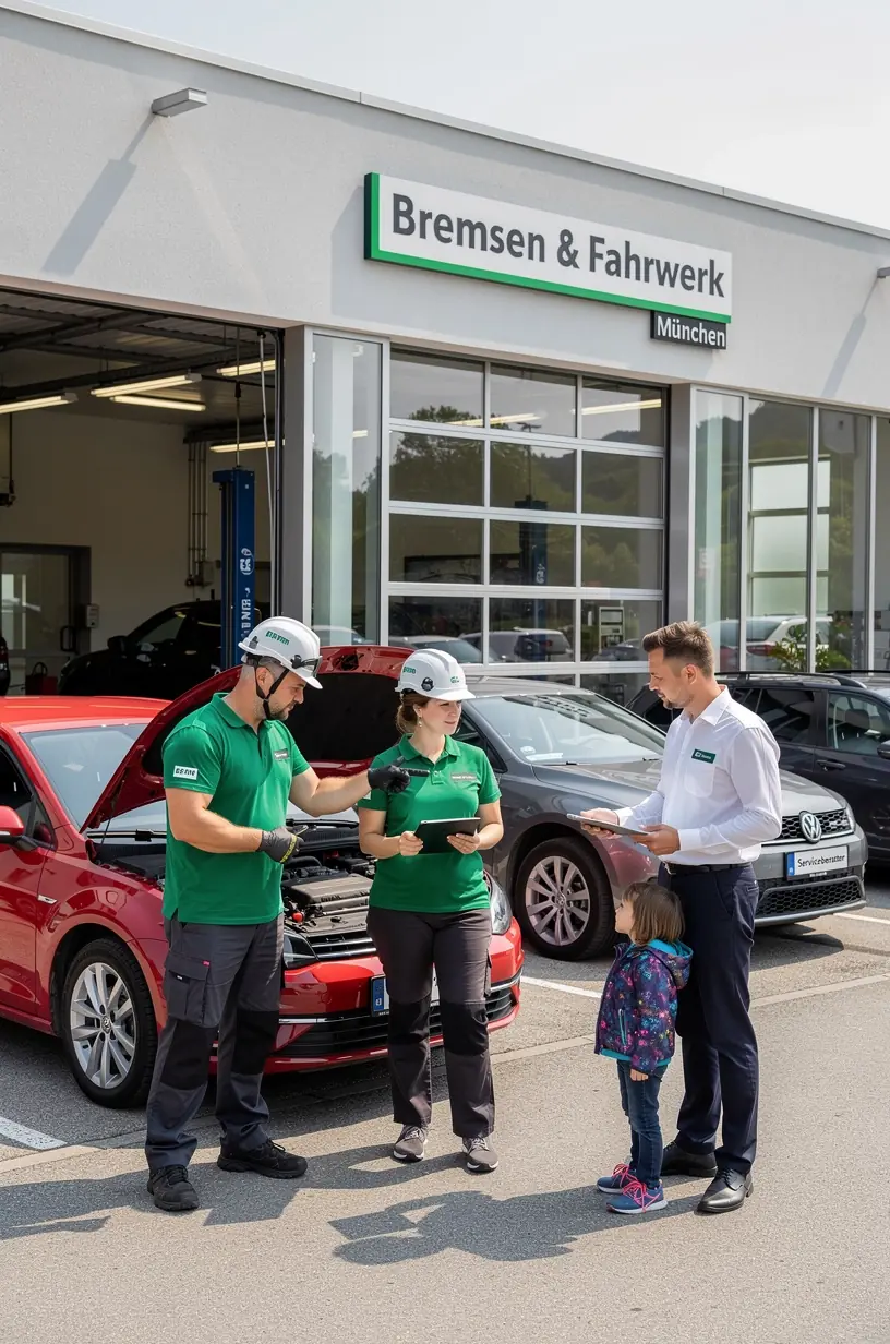Hebebühne hebt Auto für gründliche Kontrolle der Brems- und Fahrwerkskomponenten an.